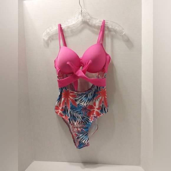 Pink Tropical Floral Cutout Tie Back Swimsuit Size M - Picture 1 of 4
